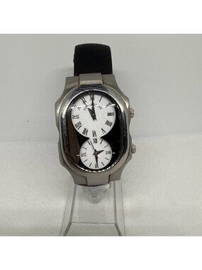 Philip Stein Watch Teslar Dual Time Zone Steel Black Leather Band
